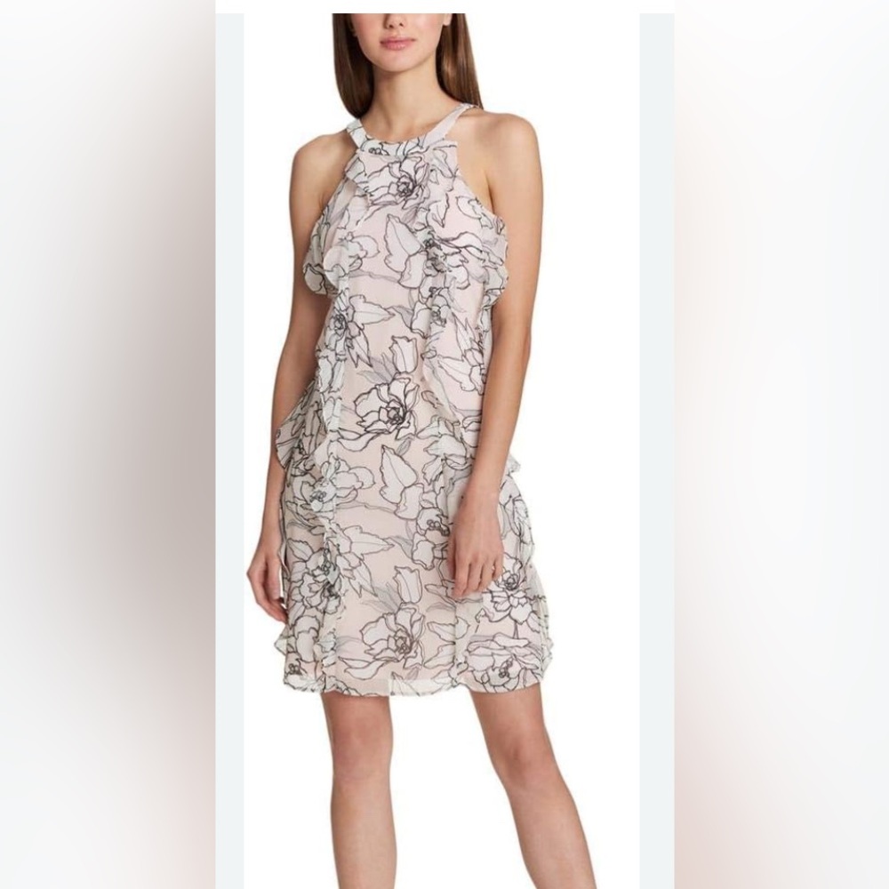 Tommy Hilfiger Pink Ruffled Floral High Neck Evening Dress - Size 10